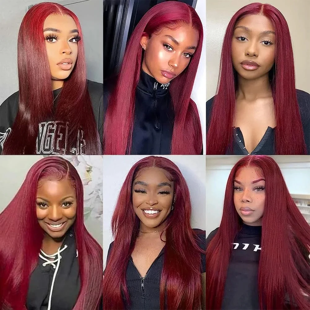 Perruque Lace Front Wig Naturelle Bouclée, Cheveux Lisses, Deep Wave, Couleur Rouge Bordeaux 99J, 13x4 HD