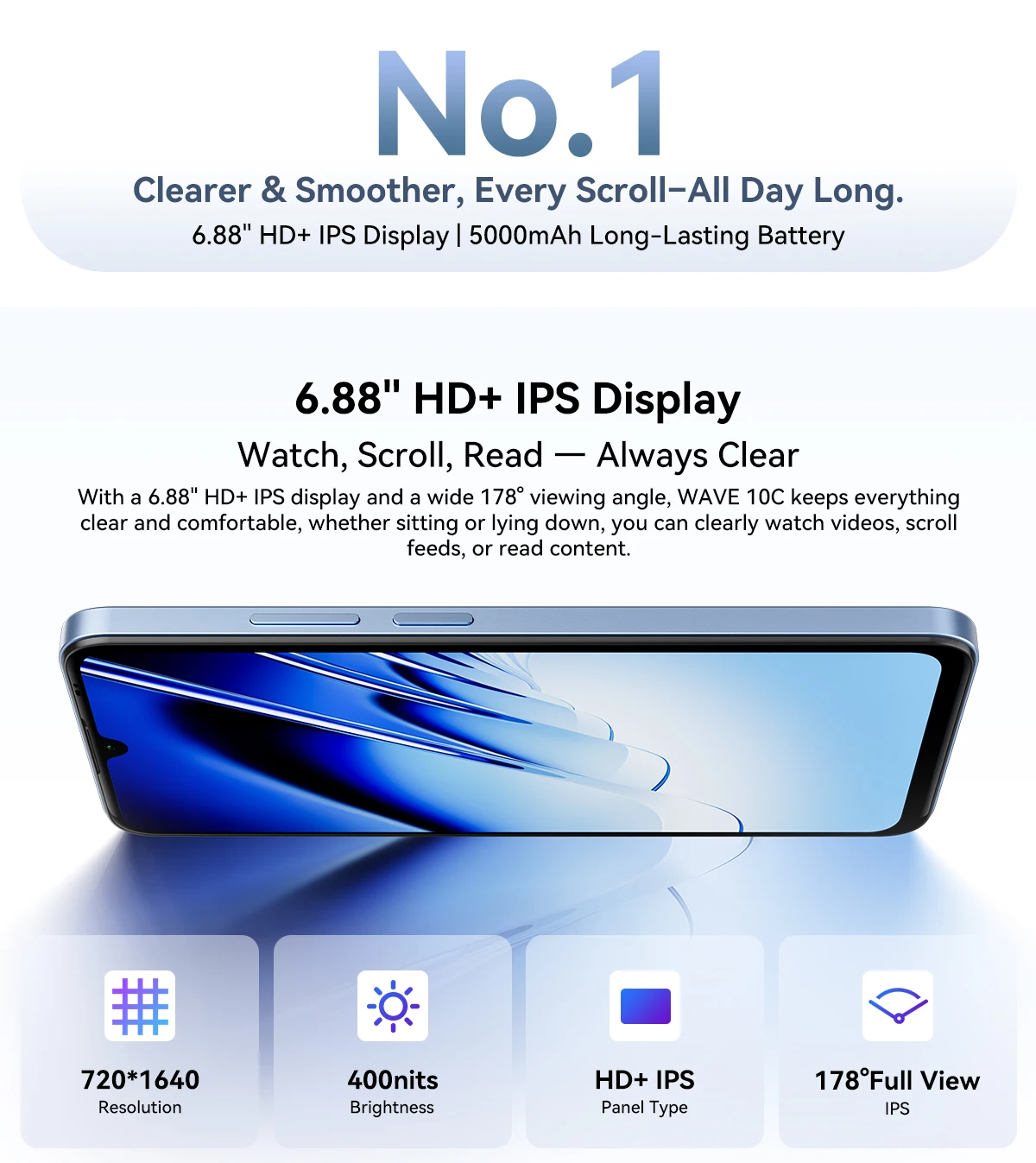 Blackview Wave 10C Smartphone 6.88-inch HD+ IPS Display Android 16 Quad-core 32GB 128GB 32MP Camera 5000mAh Battery Cellphone