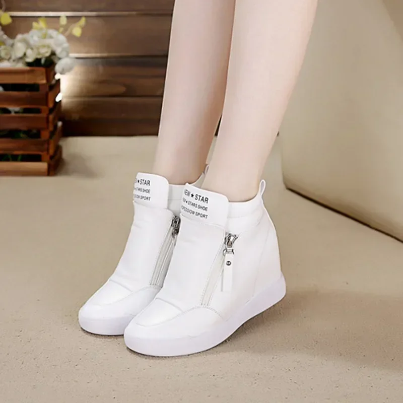 2024 New High Top Women Sneakers Autumn Winter Hidden Heel Casual Shoes Side Zip Women White Platform Wedge Rivet Shoes