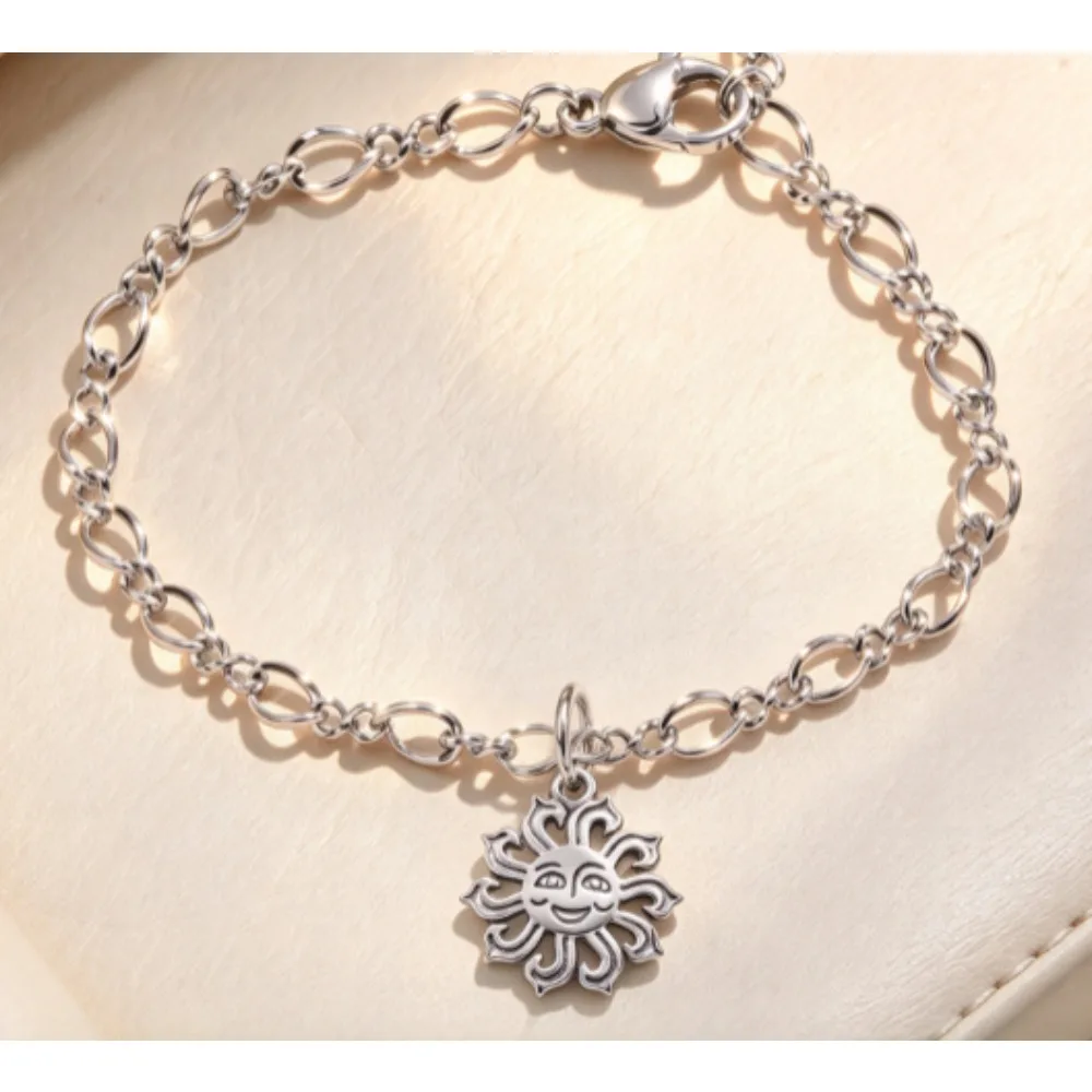 2027 New S925 Silver Vintage Oxidized Charm Bracelet Sun Puzzle Gingerbread Heart Paw Print Cassette Tape Pendant Jewelry Gift