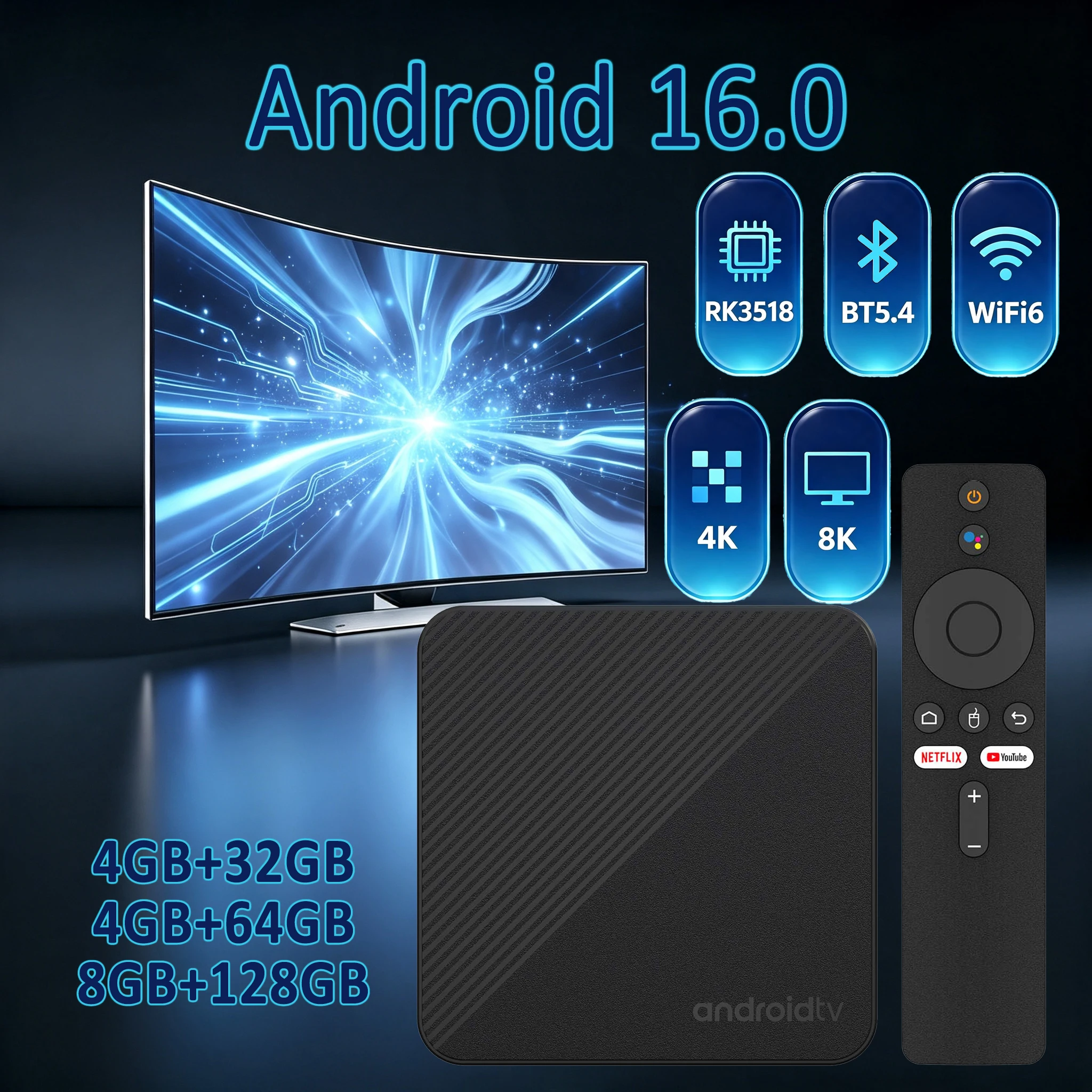 Android 16 Smart TV Box 8G 128G Dual WiFi 6 4K 8K HDR BT5.4 Voice Control Netflix Google Play Media Player Set Top Box RK3518 T8