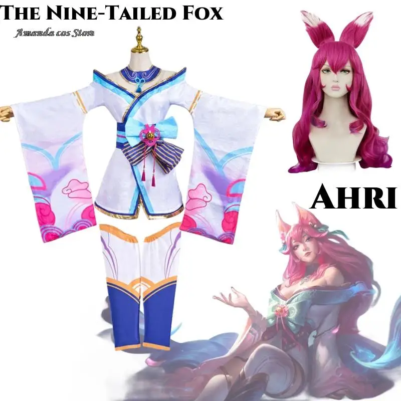 Ahri Anime Game LOL Cosplay Costume The Nine-Tailed Fox Cosplay Costume Clothes and Wig Spirit Blossom Sexy Woman Kimono Suit