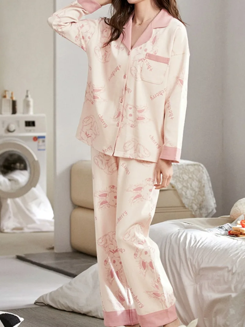 Pajama Sets Women Turn-down Collar Ins Spring Autumn Slouchy Printed Daily Popular Outfits Ulzzang Trendy Sweet Lovely Girls