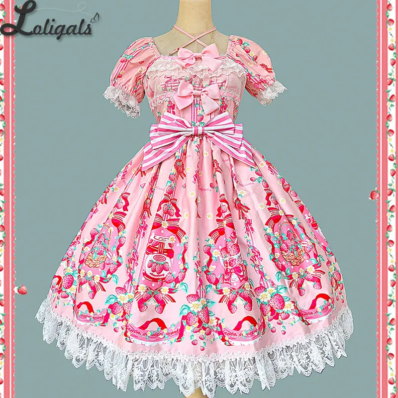 

Милое платье Лолиты, хлопковое вечернее платье миди с короткими рукавами ~ Клубничный шеф-повар от Infanta