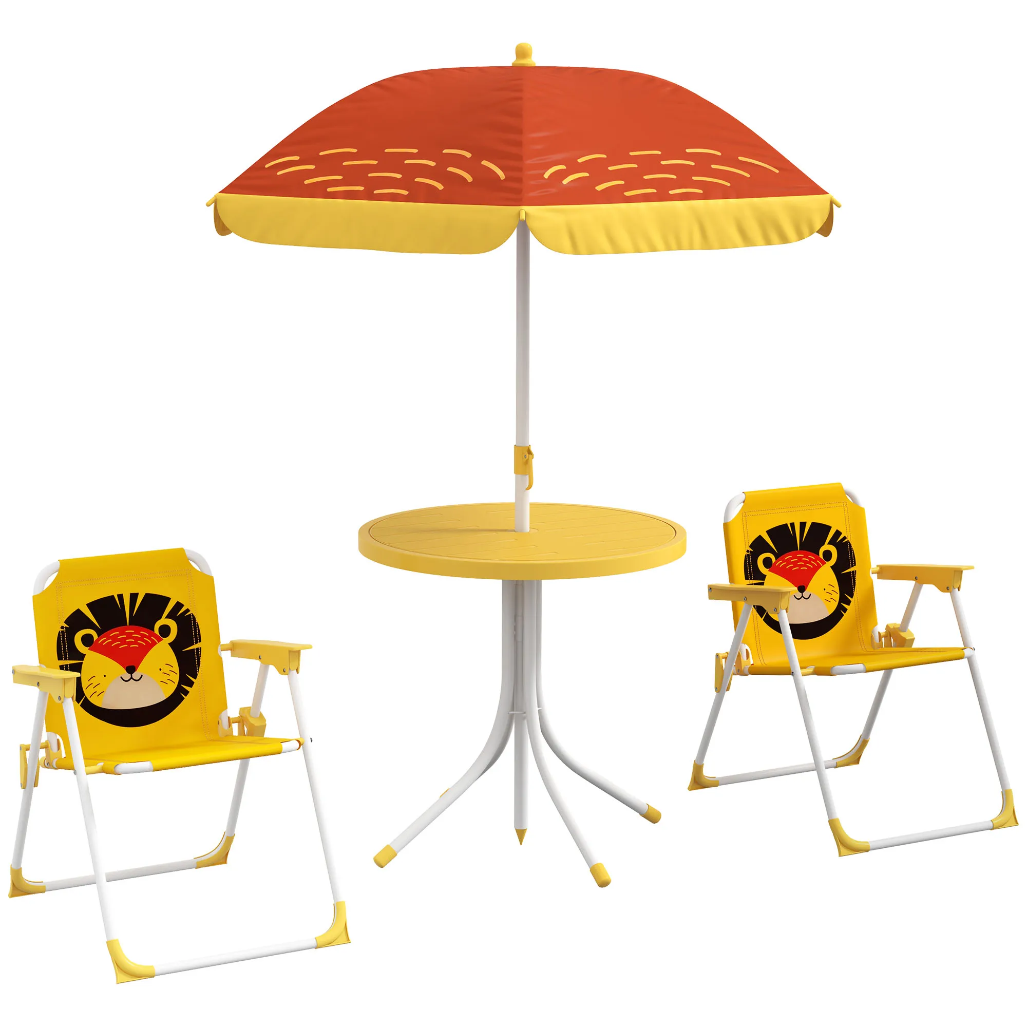 Outsunny Set de 2 Sillas Plegables y Mesa para Niños Mesa con Sombrilla Ajustable en Altura Temática de León para Jardín Amarillo