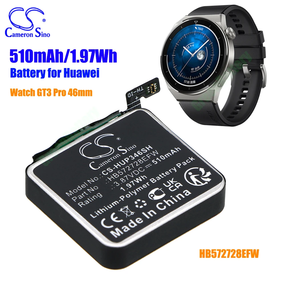 

Smartwatch Battery for 510mAh Li-Polymer 3.87V 1.97Wh Huawei Watch GT3 Pro 46mm HB572728EFW Digital Battery