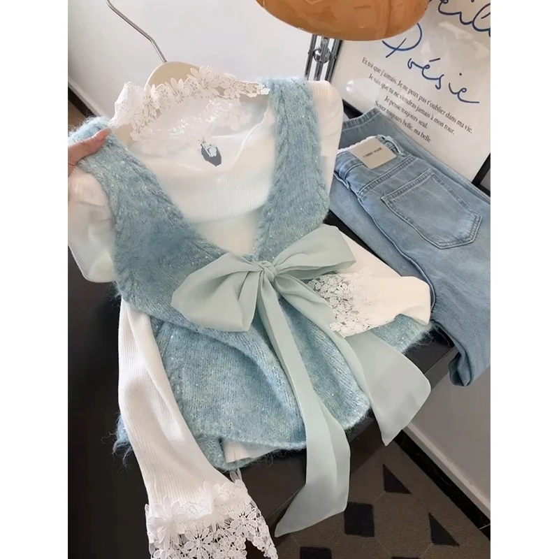 

French Sle Knot Sequin Knitted Tube Top Lace Underwear V-Ne Warm Long Sve Women's Faion Autumn Layering Top