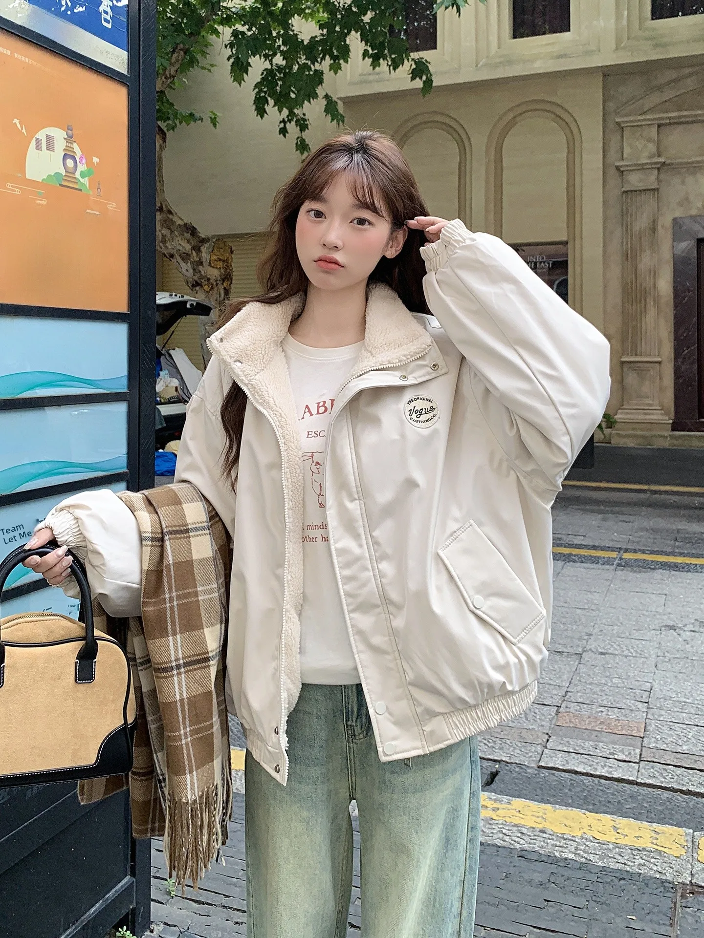 

Lamb Fur Collar ort Thiened Women's Cotton Jaet Korean Sle Bread Cotton Coat Outerwear Winter Faion Ladies' Clothing