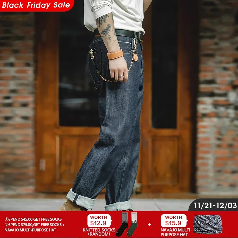 Maden Vintage Denim Jeans Suông Nam Quần Giữa Eo Dành Cho Nam 13.5 Oz Trọng Lượng Nặng Chàm Selvage Quần 2 Lớp túi