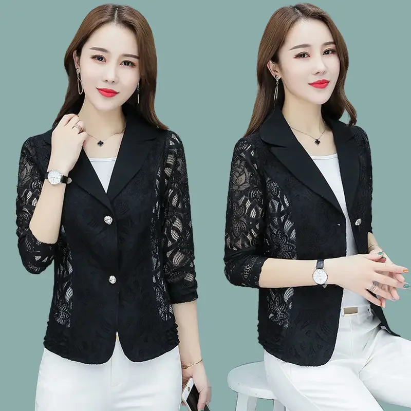 Spring Summer Women Fashion White Short Slim Blazer Hollow Lace Long Sleeve Casual Jacket Office Ladies Work Wear M-5XL E135