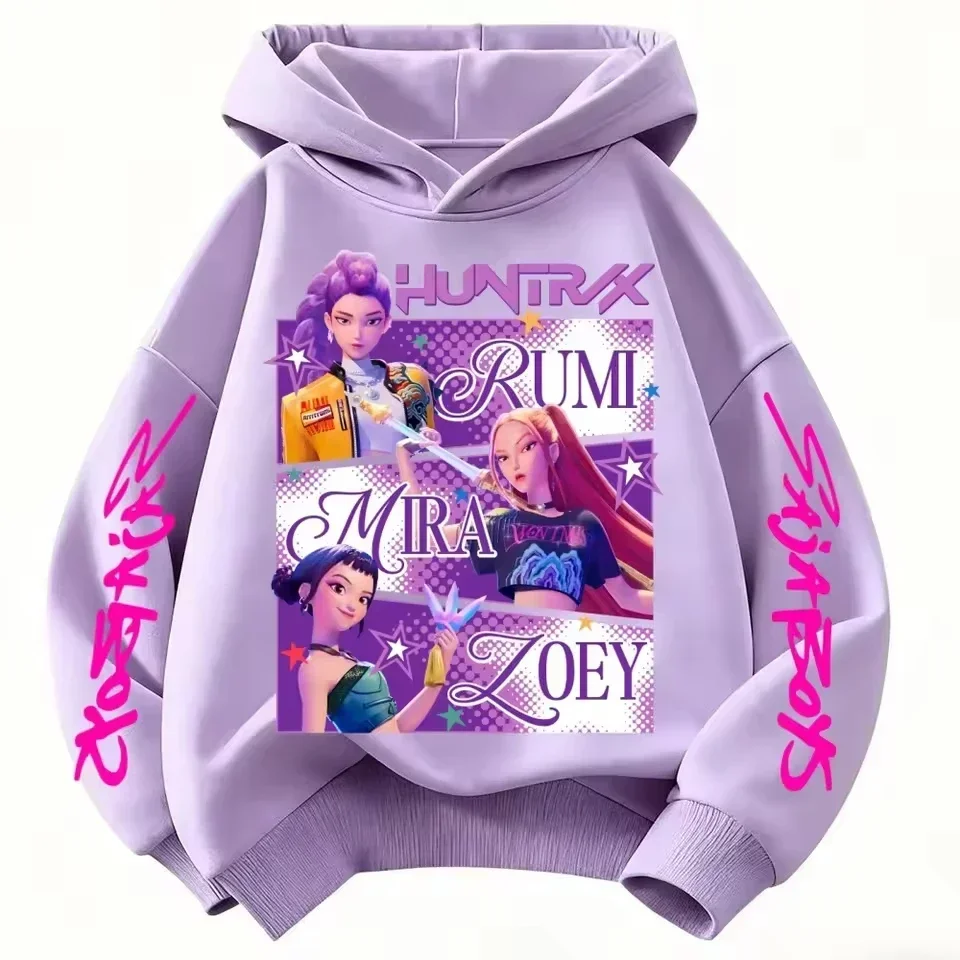 2026 Mädchen-Hoodie für Jungen und Mädchen, Cartoon-Jäger Rumi Mira, warm und dick, modisches Freizeit-Oberteil, bedruckter lila Pullover – Detail 5