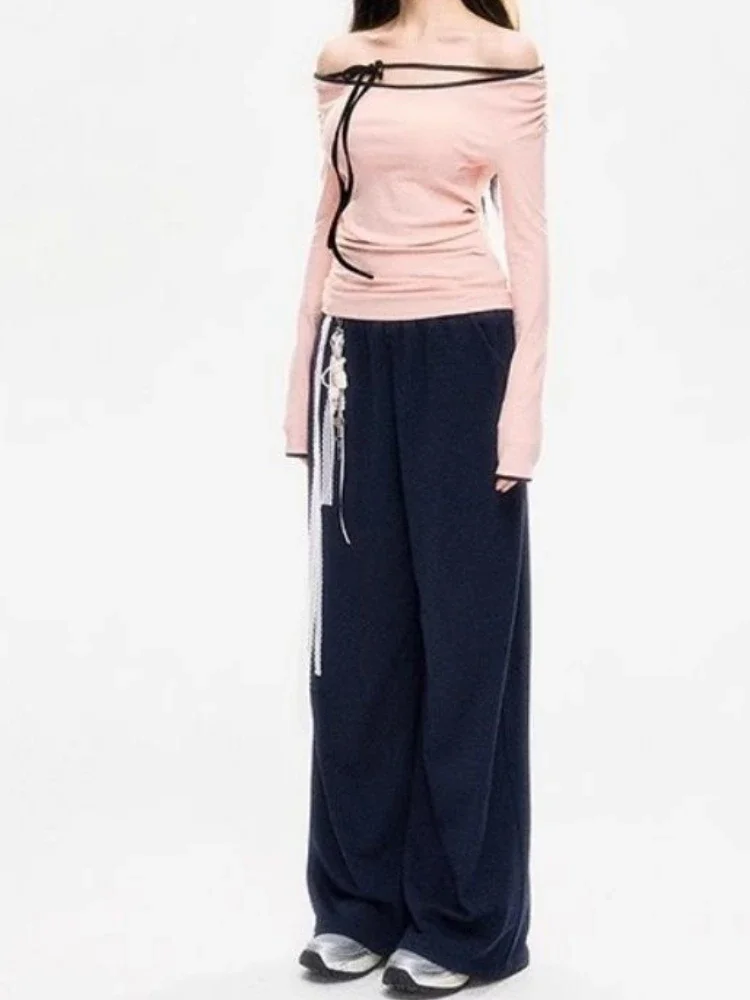 Slash neck y2k estética bodycon tshirts streetwear bandagem feminina recortada grunge camisas vintage harajuku básico plissado camiseta