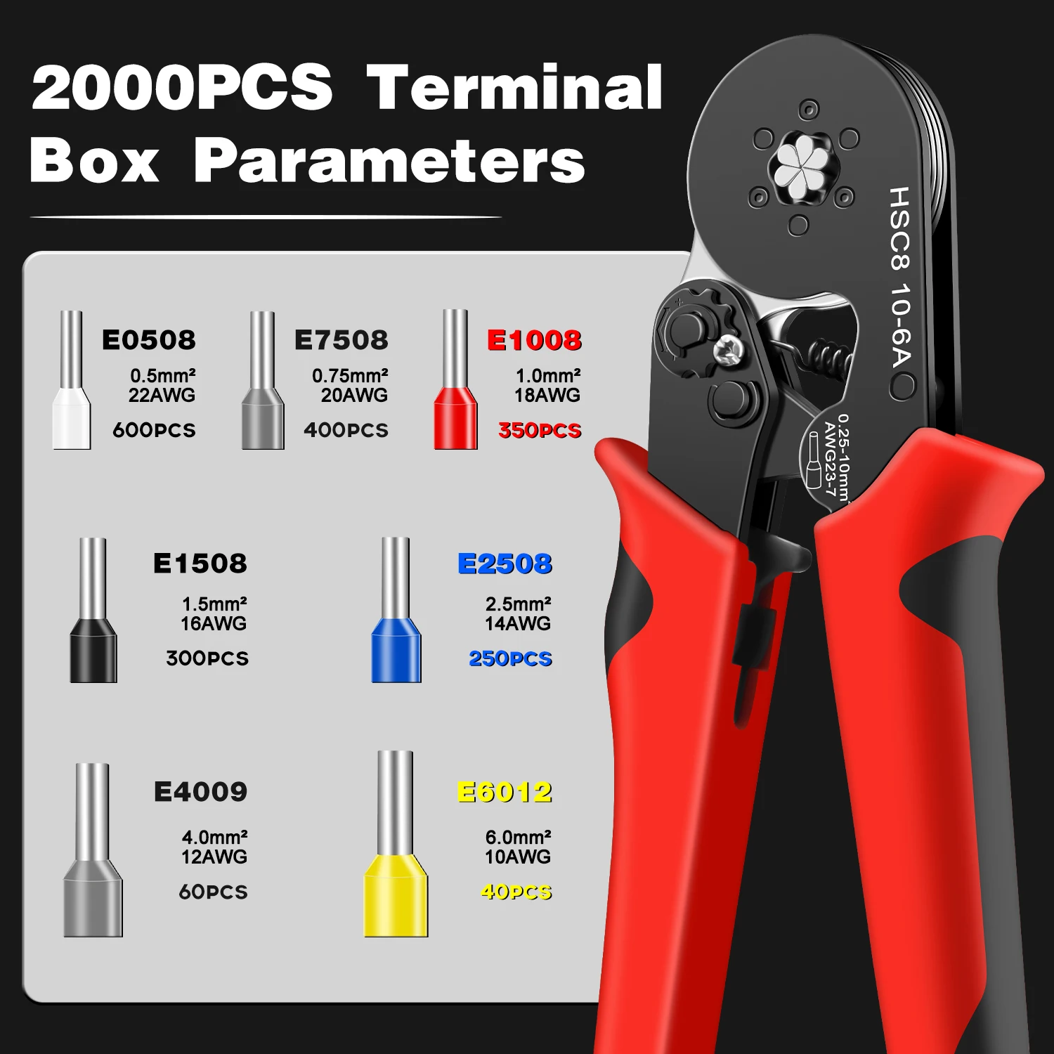 Ferrule Crimping Tool Kit, Hexagonal AWG23-7 Self-Adjusting Crimping Pliers Stripper Wire Crimper with 2000pcs Ferrule Terminal
