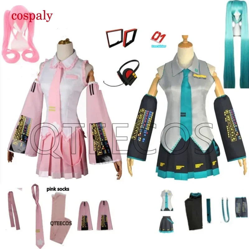 A Bilibili Pink Miku Cosplay Costumes Midi Dress Top Skirt Sets Anime Halloween Carnival Party Dress Free Pink Socks