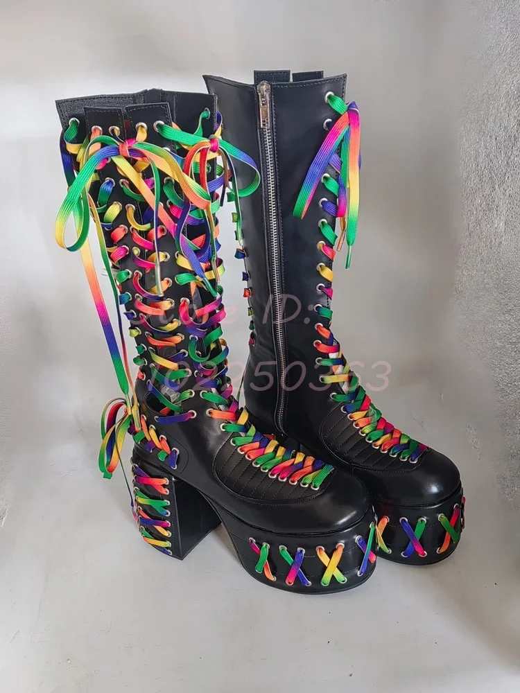 Rock Rainbow Riband Knight Boots Round Toe Leather Laces Cross-tied Square Heel Knee-high Boots 2024 New Women Fashion Shoes - view 4
