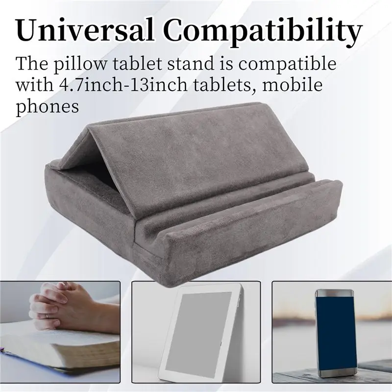 DQ2G Tablet Pillow Stand with Storage Foldable Holder Angle Adjustable Soft Pad Dock for Bed and Laptop and Desk Gray