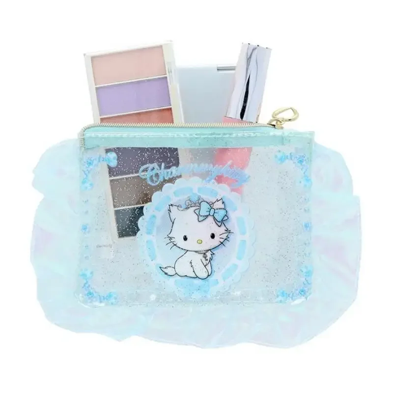 Pvc Hello Kittys Cosmetic Bag Kawaii My Melody Anime Mesh Lace Ruffle Edge Makeup Bag Bags for Woman Storage Bag