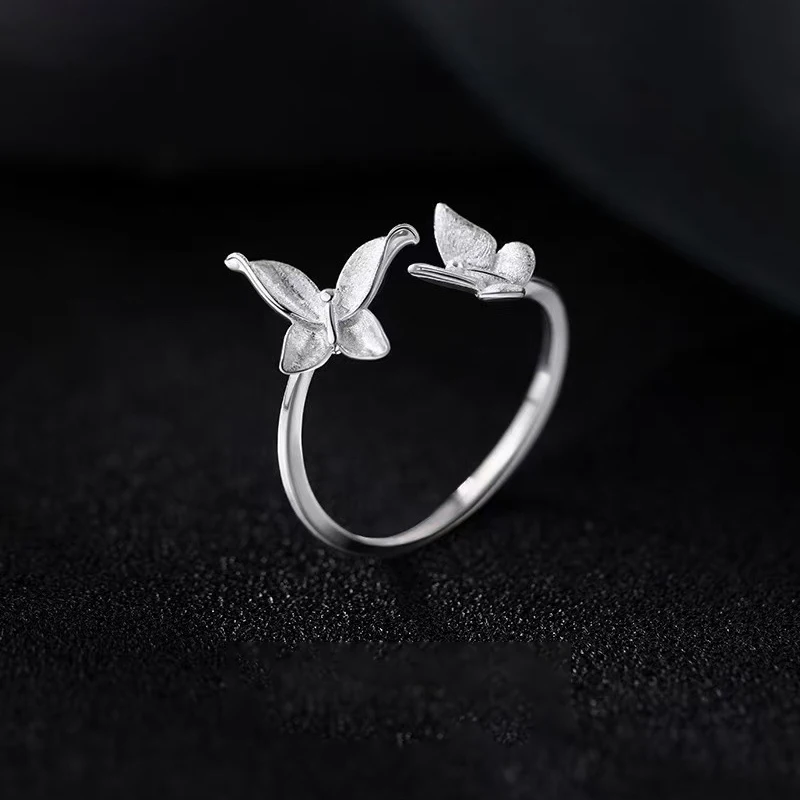 925 Sterling Silver Frosty Fluttering Butterflies Adjustable Ring For Women Cute Fine Jewelry Niche Design Insect Accessories