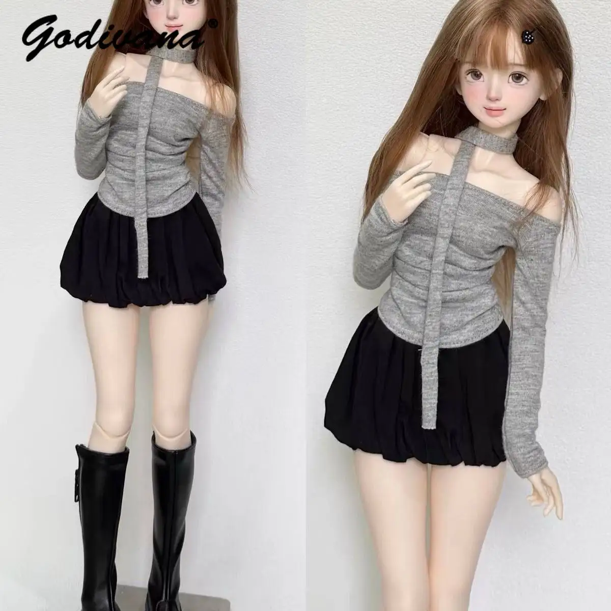 1/4 BJD Doll Clothes Sweet Casual One-shoulder Long Sleeve Pleated Top and Scarf with Bud Skirt Daily Three Piece Set