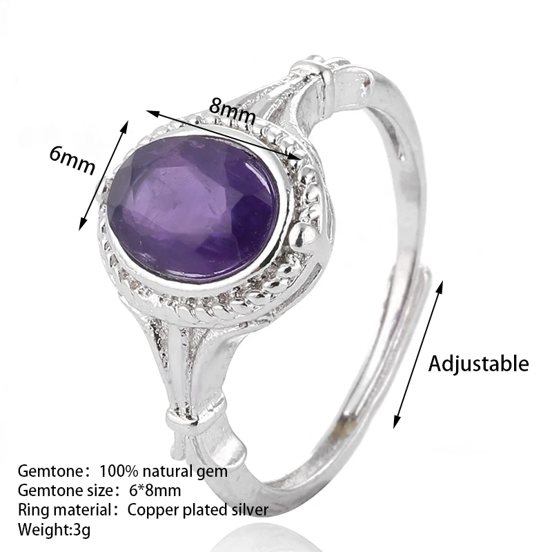 1pc100% natural amethyst gemstone ring for women adjustable copper-plated 925 silver ring for parties and gifts