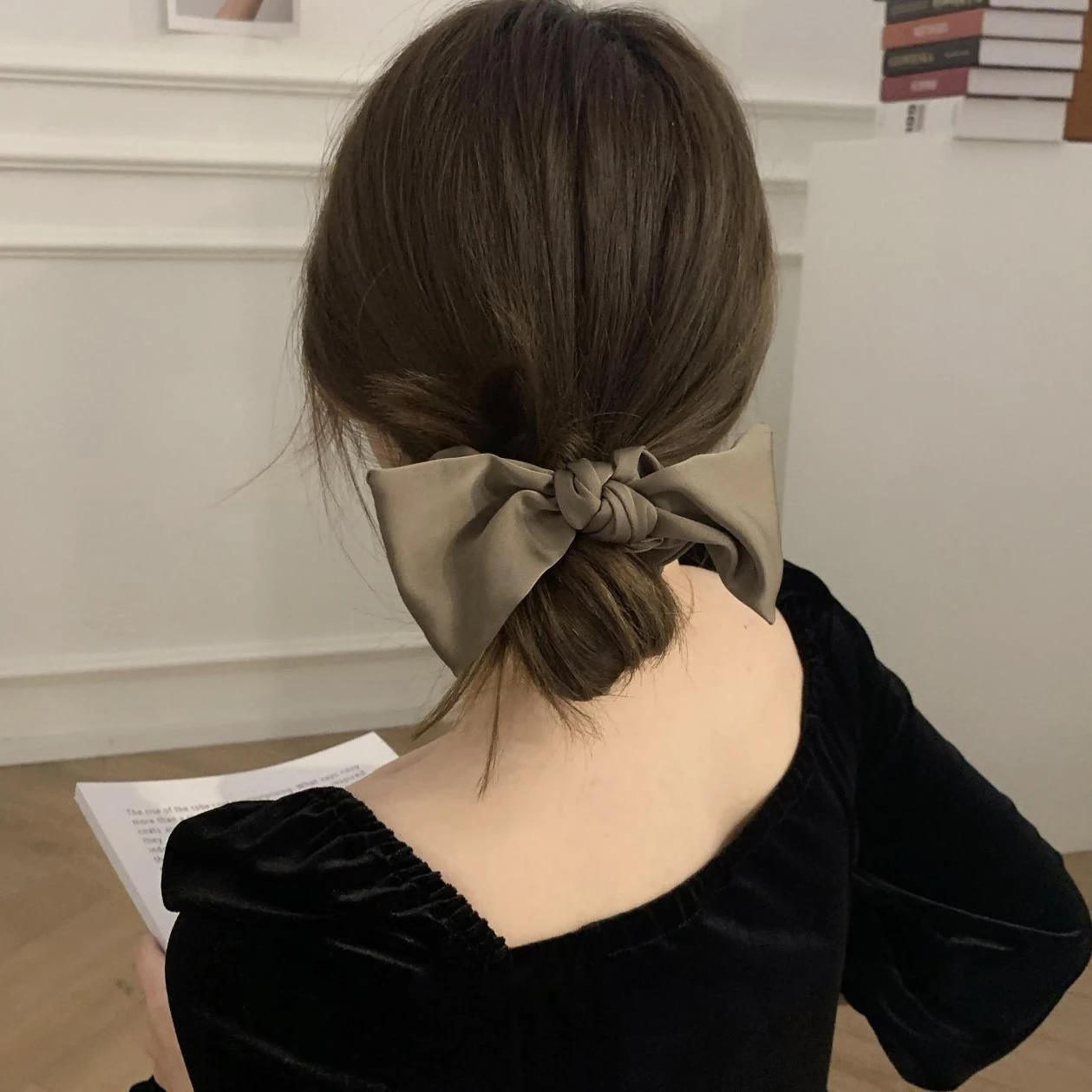 Black Bowknot Satin Hair Bands for Women Girl Ponytail Loop Hair Rope High Elastic Large Intestine Circle Lady Hair Accessories