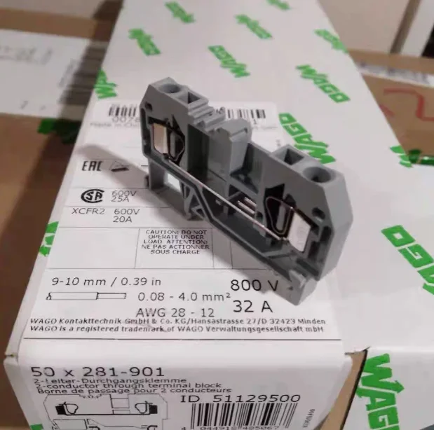 WAGO 281‑901 / 281‑904 / 281‑907 DIN Rail Terminal Block 4mm² 32A 800V 2‑Conductor CAGE CLAMP Feed‑through Connector