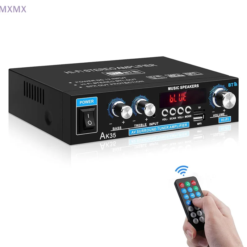 EU/US Plug 100/240V Bluetooth 5.0 Power Amplifier CH 2.0 Bass Amp AK35 HIFI Digital Audio Stereo Amplifier FM USB Remote