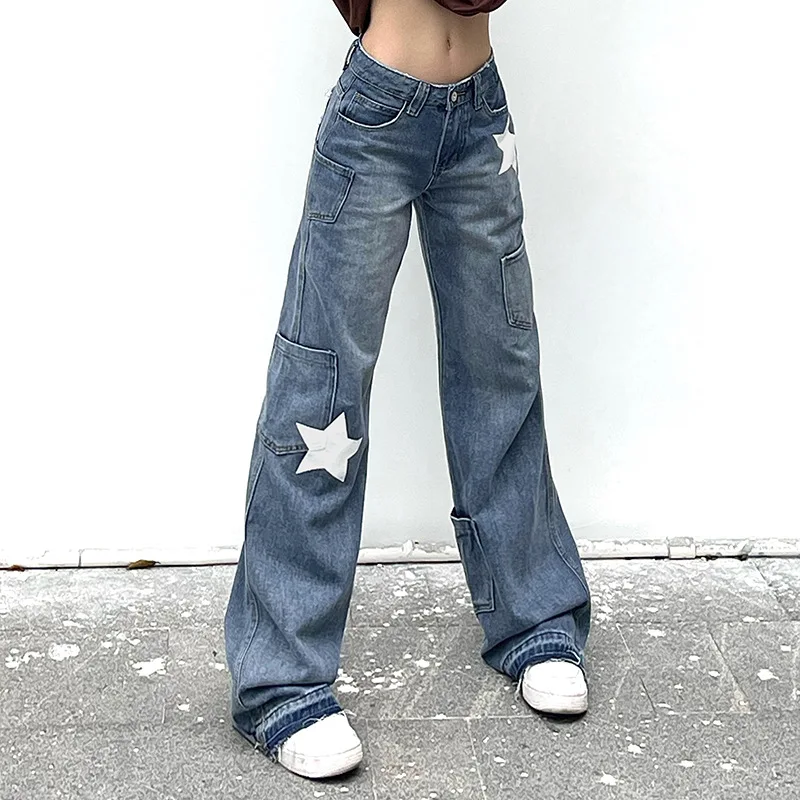 Imagem -06 - Jeans Cinza Estético Cristal Y2k para Mulheres Estampa Estrela Cintura Alta Jeans Skinny Calças Lare Calças Elásticas Streetwear Outono 2023