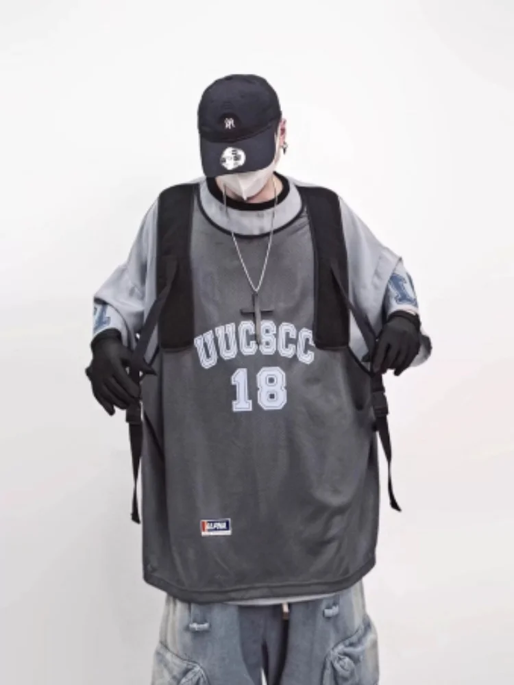 New Fake Two Piece Tee Women Men Vintage American Street Loose Jersey Tanks Top Short Sleeve Basic T