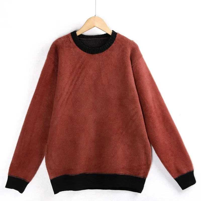 

Thiened Long Sve Knitted Sweater round Ne Splicing Fluffy Wool Women's Autumn Winter Faion Casual Comfortable Top