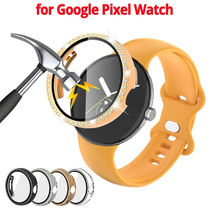 

100PCS Diamond PC Case+Glass Film for Google Pixel Watch Bumper Screen Protector Bling Cover for Google Pixel Watch 2 Cases