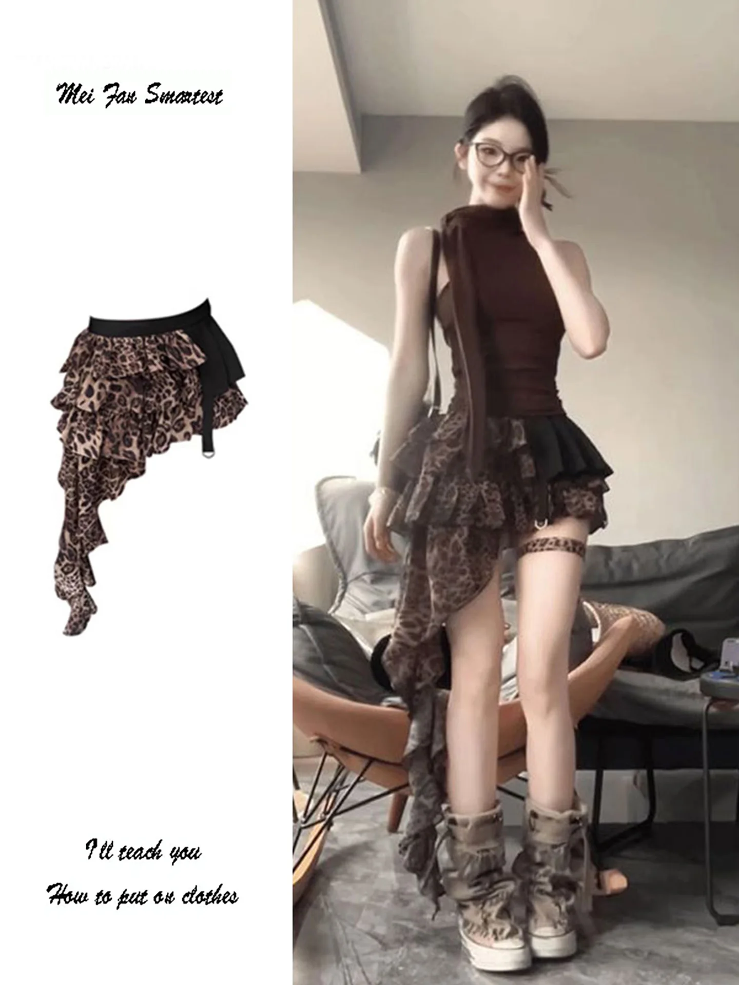 American Style Spicy Girl Leopard Print  Skirt Women's Summer New Design Asymmetrical Short Cake Skirt Casual High Waist