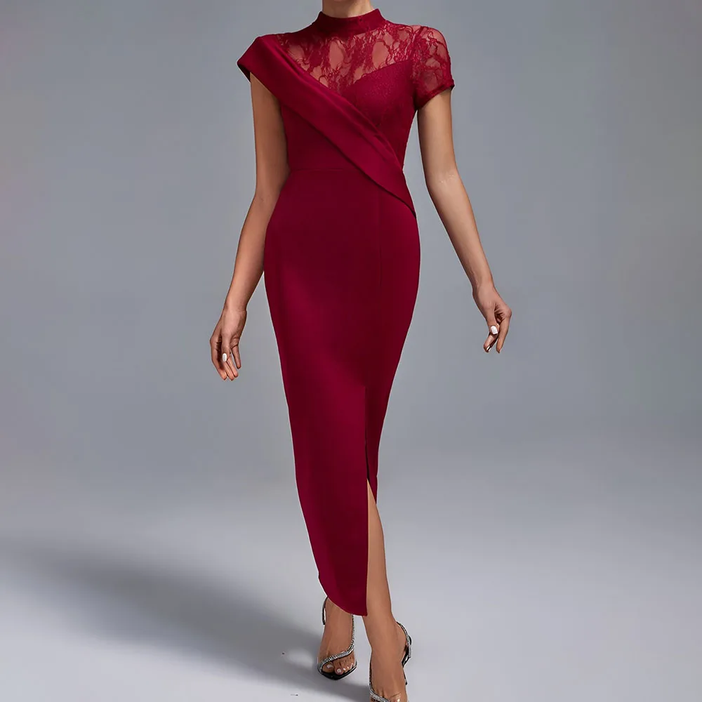 

Customized Straight Evening Dresses Tea-Length High-Neck Sleeveless Prom Gown Simple Fashion Lace Side Split Causal Party Gown