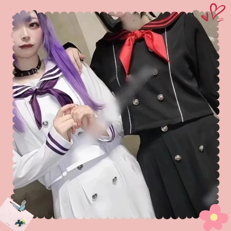 

Japanese Mine Navy Collar Sailor Uniform Suit Long-sleeved Double-breasted Bow Tie Top and High-waisted Skirt Two-piece Set