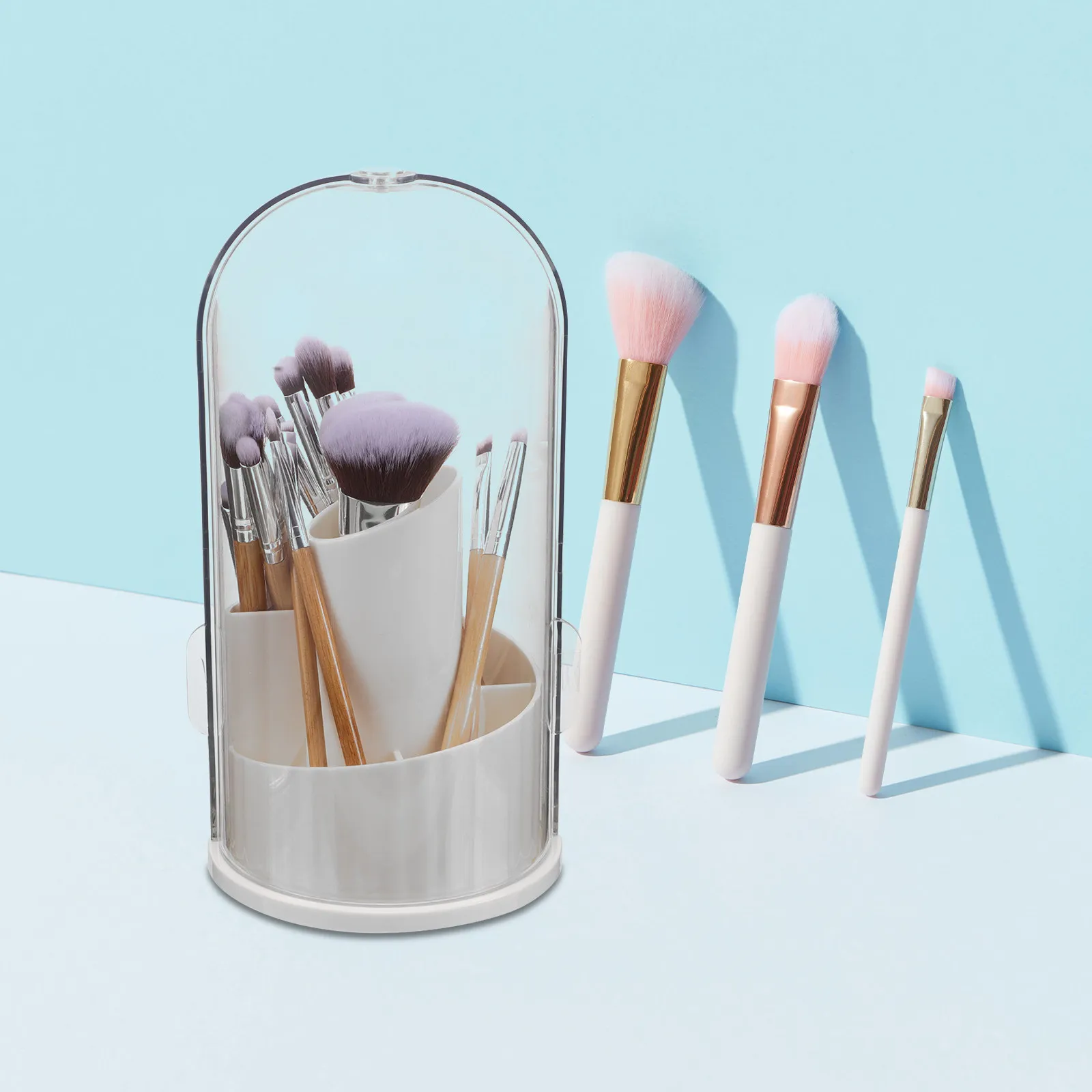 Dust Proof Makeup Brush Storage Box - Rotating Brush Holder Organizer with Lid for Home Studio Vanity Countertop Setup