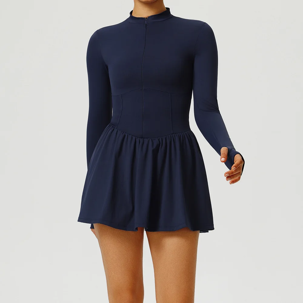 

Autumn Tennis Dress Long Sleeve Women Golf Skirts with Shorts Pocket Sports Skorts Zipper Workout Clothing