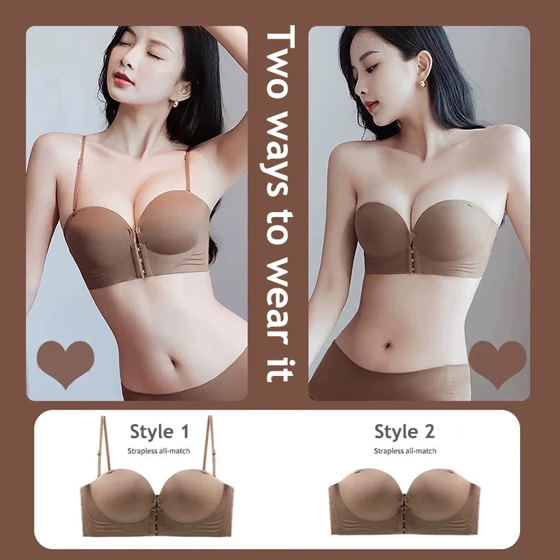 Front Closure Strapless Bras For Women Seamless Push Up Brassiere Thick Soft Underwear Solid Color Adjustable Invisible KUCLUT