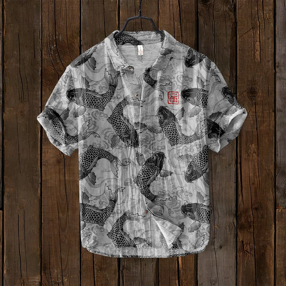 

Retro Fish Print Shirt, Japanese Art, Bamboo Knot, Cotton Linen Shirt, Flip Collar Cardigan, Short Sleeve, Hawaiian Shirt, New