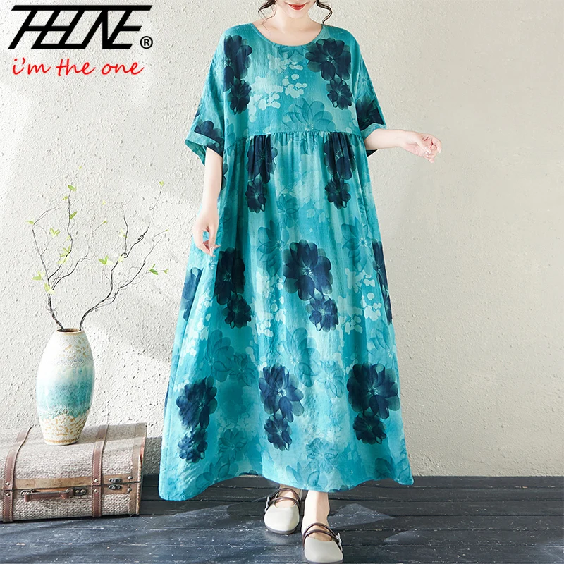 

THHONE Vestido Feminino Robe Dress Women Fashion Summer Bohemian Long Dresses Casual O Neck Short Sleeve A-line Print Clothes