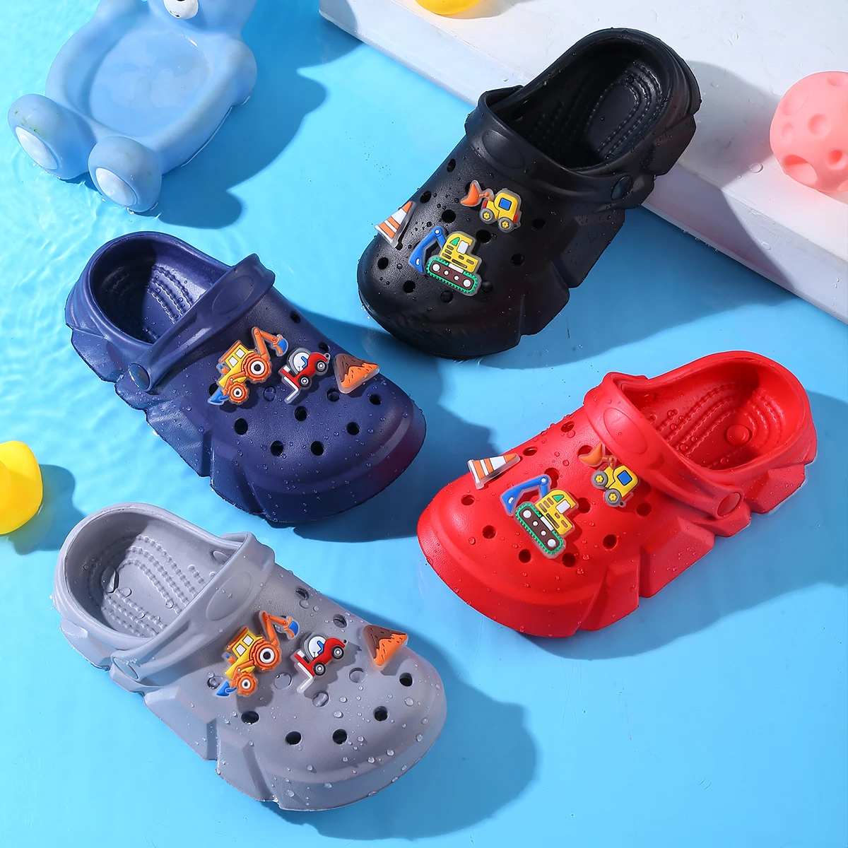 Breathable Clogs，With Cartoon Excavator Charms For Boys,  Lightweight Anti Slip Clogs For Indoor Outdoor Shower Beach Pool