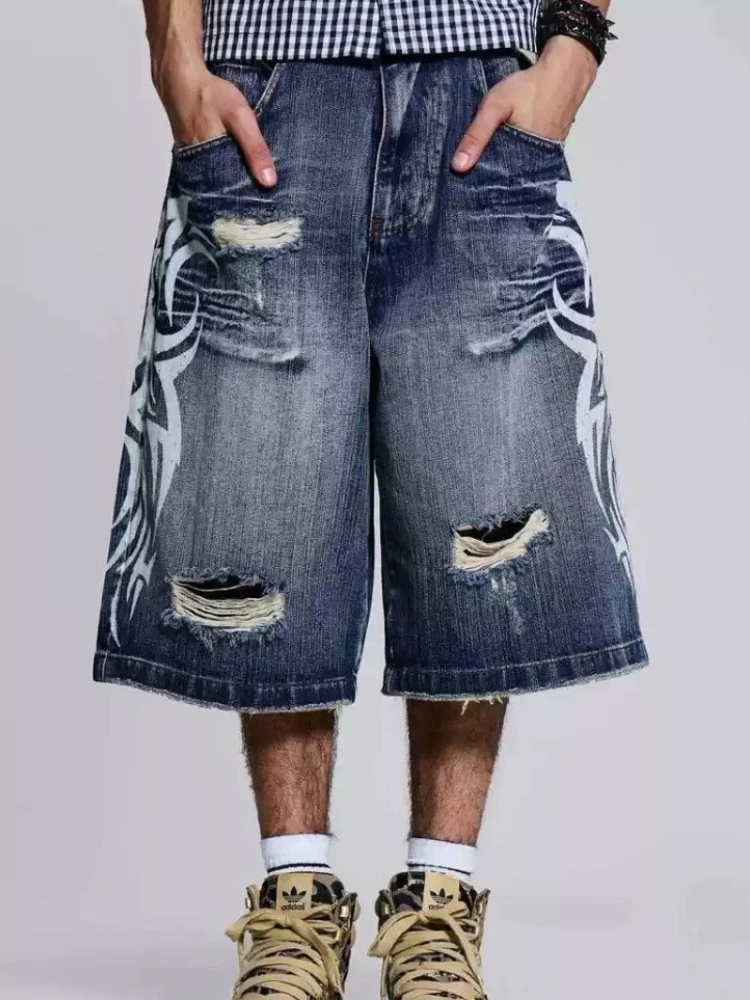 HOUZHOU Gothic Vintage Print Short Jeans Women Grunge Blue Oversize Distressed Jorts Wide Leg Pattern Denim Shorts Streetwear