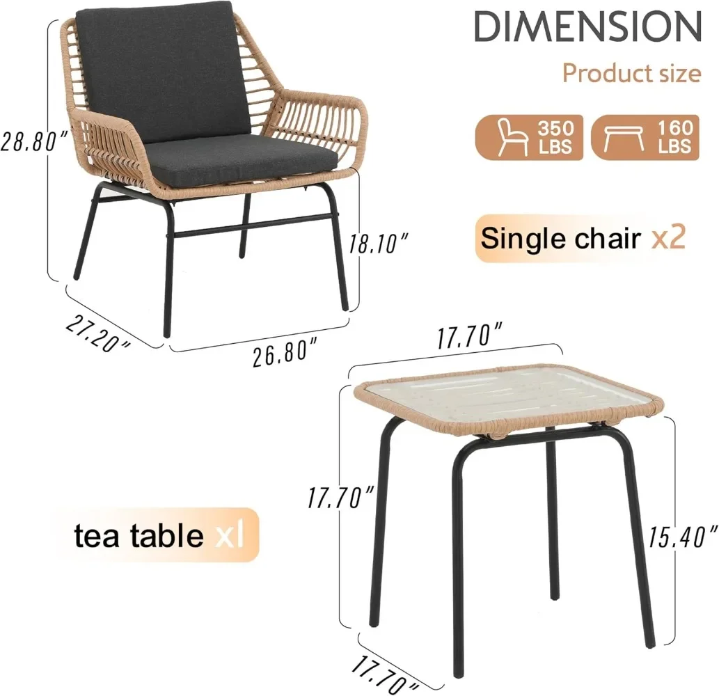 Juego de muebles de exterior de 3 piezas, juegos de bistró de patio de ratán, juegos de conversación de jardín, sillas de mimbre para todo tipo de clima con cojines