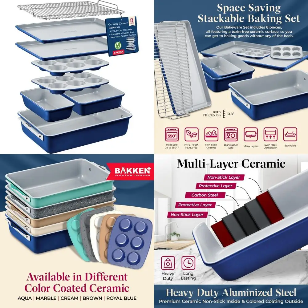 

Керамический антипригарный набор форм для выпечки из 8 предметов со штабелируемыми противнями и простынями, без ПТФЭ/PFOA/PFOS, удобные ручки