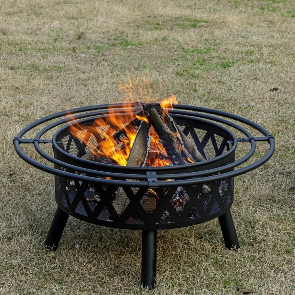 36 Cross-Woven Outdoor Fire Pit with Spark Screen and Fire Poker