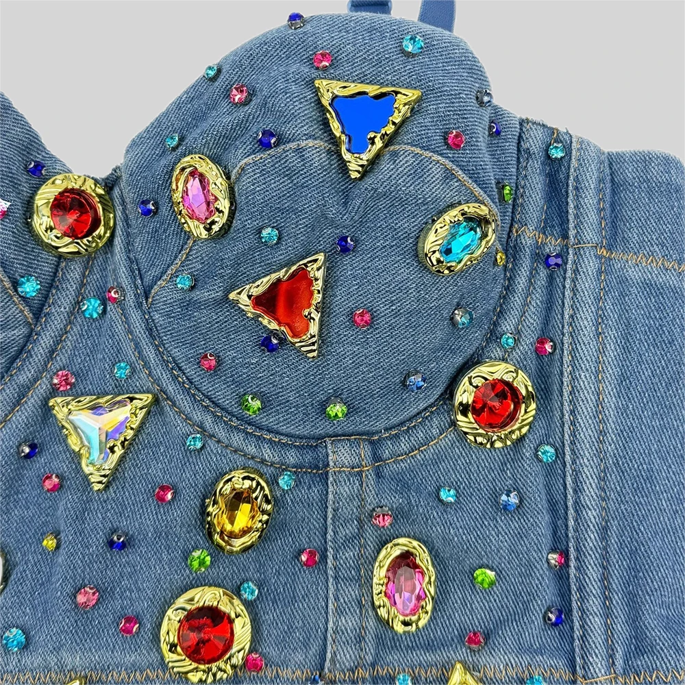 IRENE TINNIE 2024 Fashion Short Crop Top Colorful Stone Bustiers Sexy Corset Fashion Denim Tank Top Women Binder Corset Bra