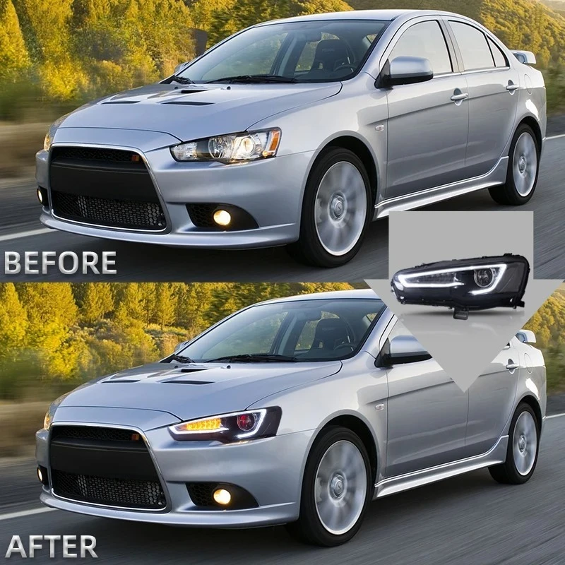 2-teilige Voll-LED-Scheinwerfer-Einheit für Mitsubishi Lancer EVO X 2008-2017, Dual-Beam-Projektor, Demon Eye, sequenzieller Blinker, DRL-Frontleuchte