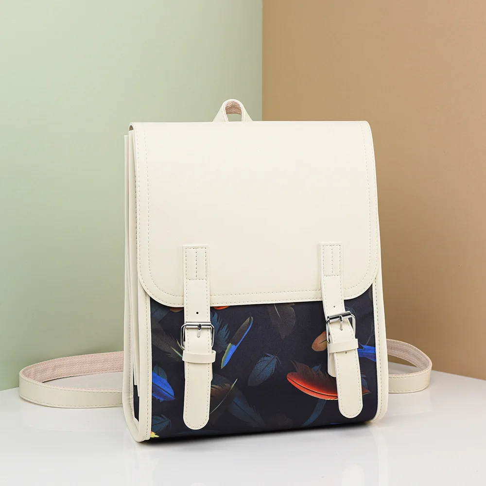 Butterfly print women's backpack, leather and fabric spliced multi-layer flip cover student schoolbag, simple commuting backpack