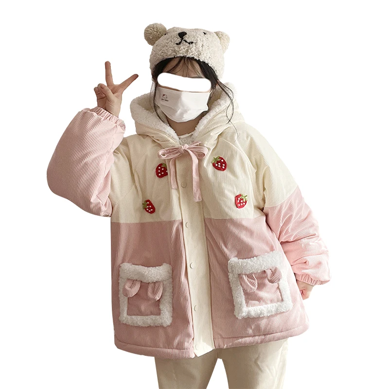 Japanese Women\'s Winter Jacket Kawaii Strawberry Rabbit Pink Blue Corduroy Coat Padded Cotton Fleece Fluffy Jacket  2023 Parka