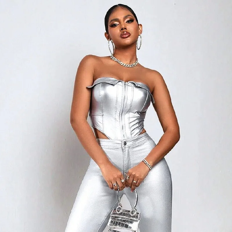 

Серебряный корсет из искусственной кожи с лацканами, сексуальный кардиган без бретелек с рыбьей косточкой, ажурная майка, женская одежда Y2k, корректирующее белье, жилет, лето 2023 г.