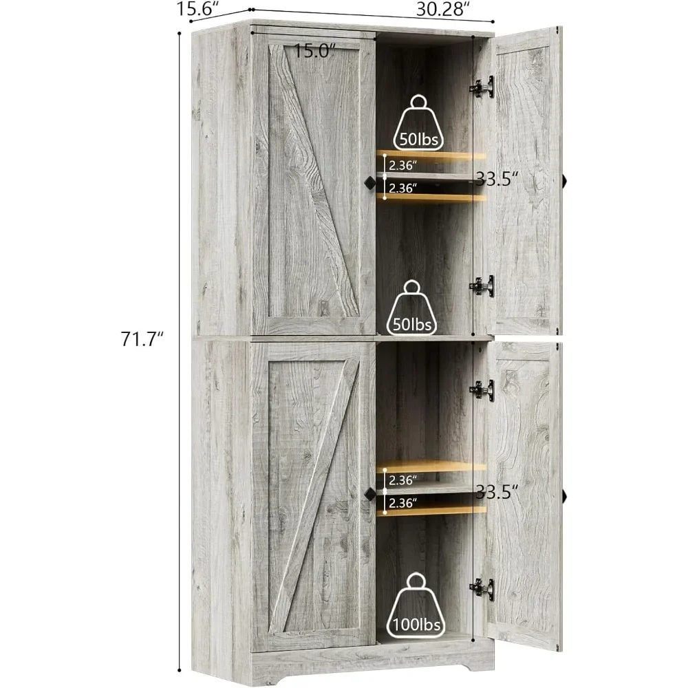 Farmhouse Storage Cabinet, Kitchen Pantry Cabinet with 4 Barn Doors, 72